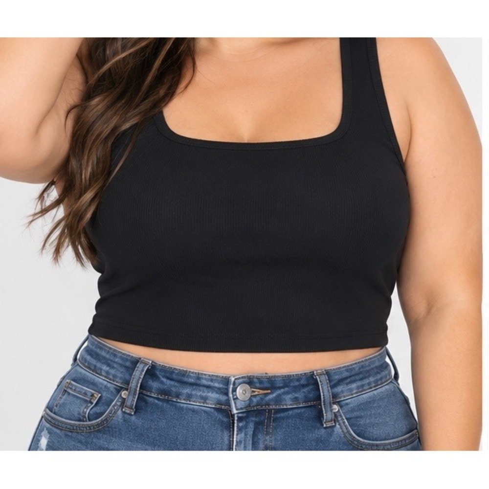 Womens Black Ribbed Square Neck Racerback Crop Tank Top Size- XL